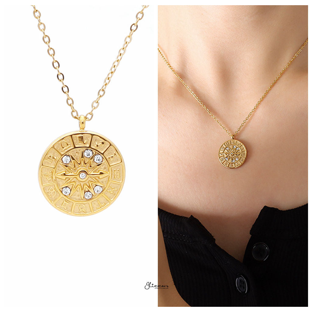 Zodiac Dial Pendant Stainless Steel Necklace - Gold-Stainless Steel Chains-3-Glitters