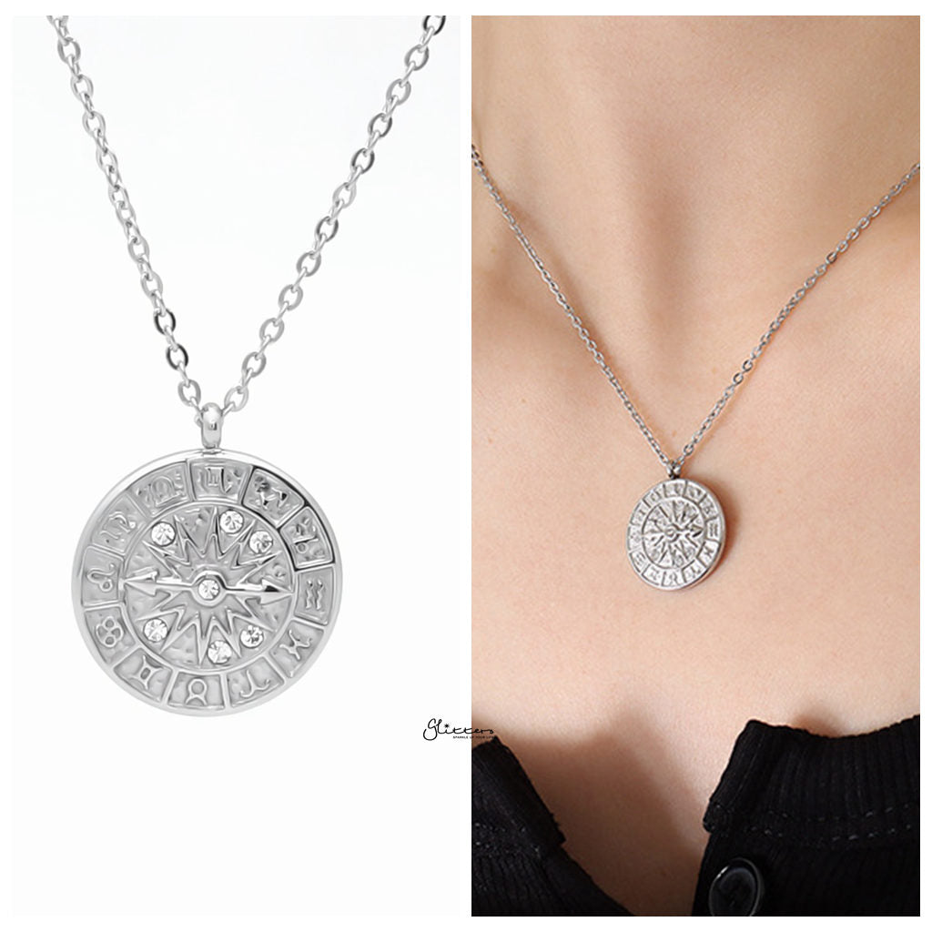 Zodiac Dial Pendant Stainless Steel Necklace - Silver-Stainless Steel Chains-3-Glitters
