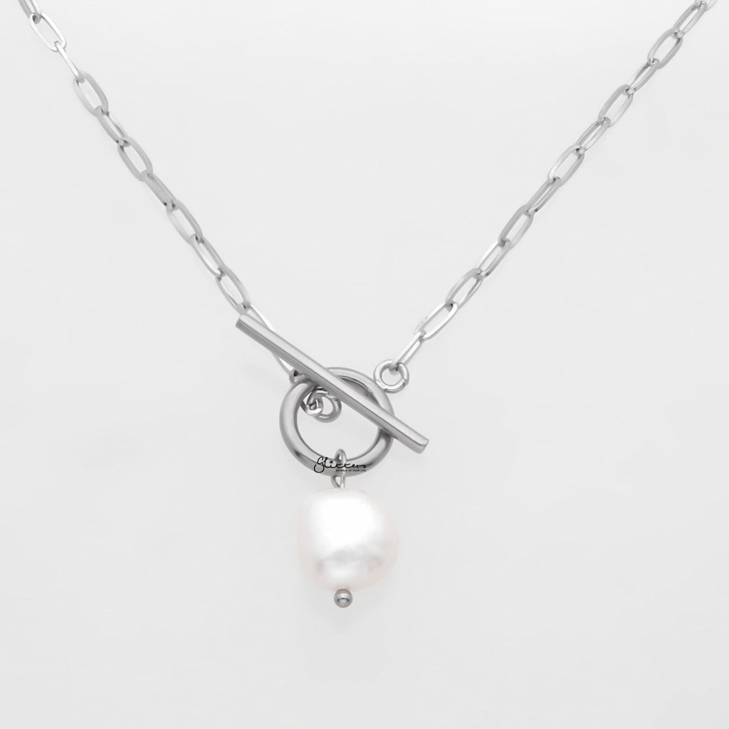 Stainless Steel OT Buckle Chain with Baroque Pearl Charm - Silver-Necklaces-1-Glitters