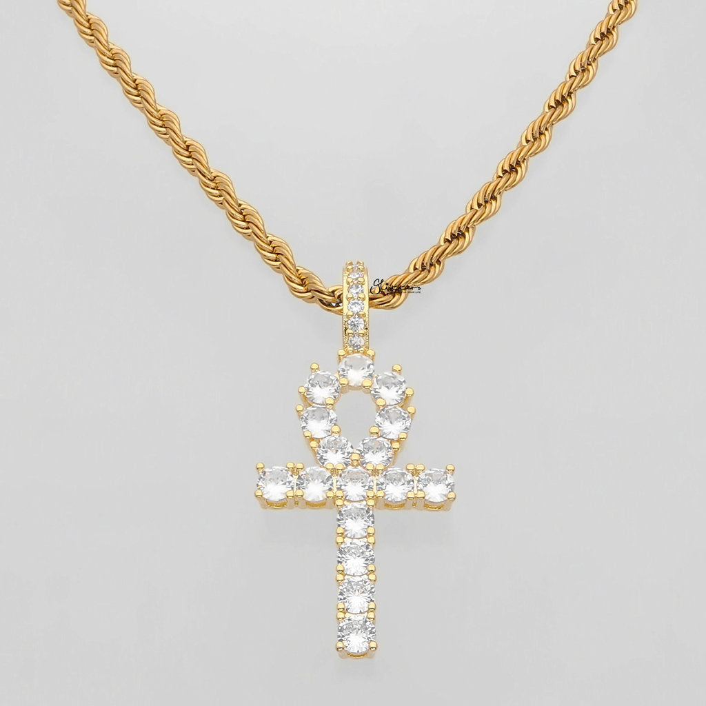 Iced Out Egyptian Ankh Cross Pendant - Gold-Ice Out Pendants-1-Glitters