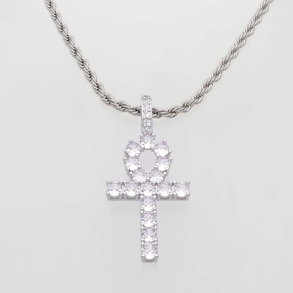 Iced Out Egyptian Ankh Cross Pendant - Silver-Ice Out Pendants-1-Glitters