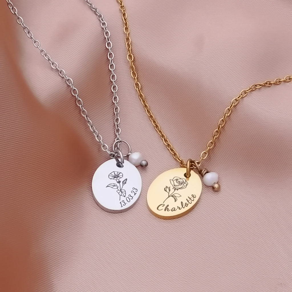 Personalised Oval Disc with Pearl Charm Necklace-Personalised Jewellery-2-Glitters