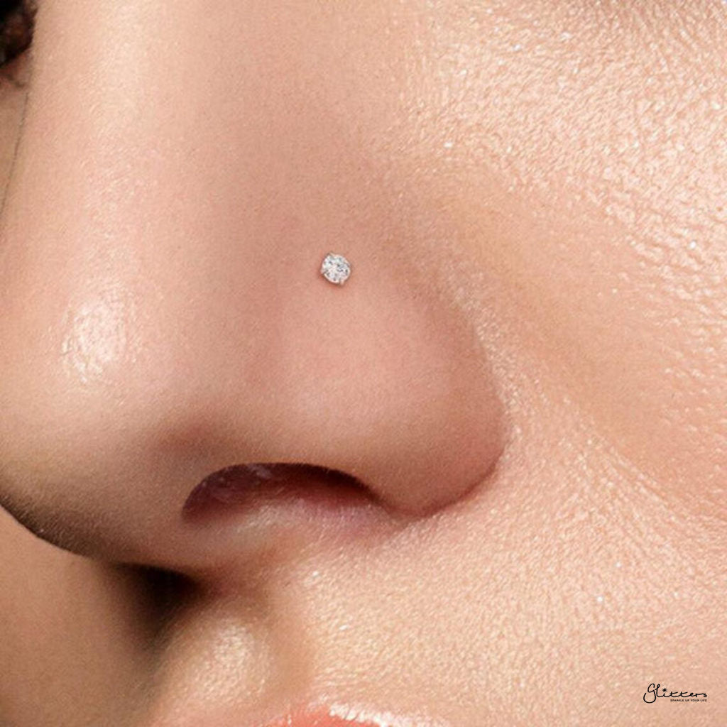 Simulated Diamond 925 Sterling Silver Nose Stud - Tiny Dot Bendable Piercing, 22g