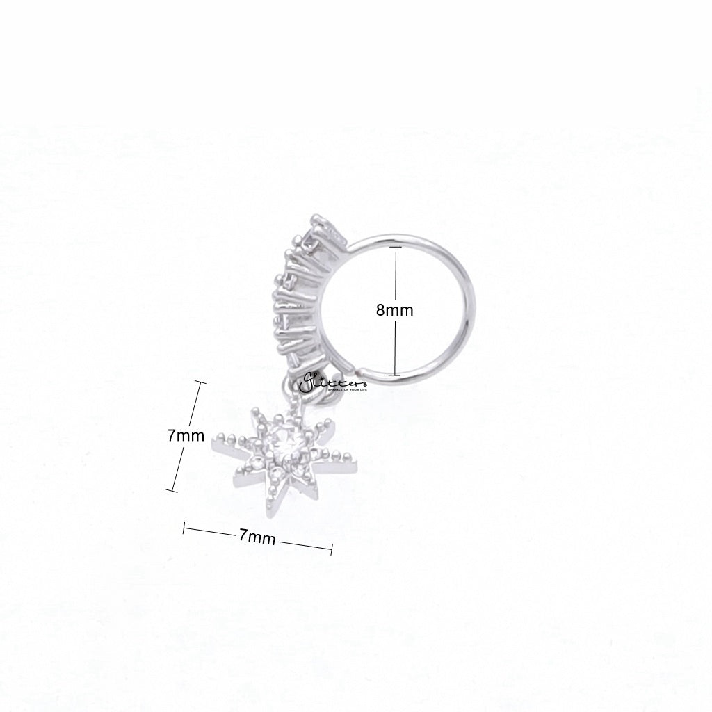 CZ Hoop Nose Ring with Dangle Star - Silver-Nose Studs-3-Glitters