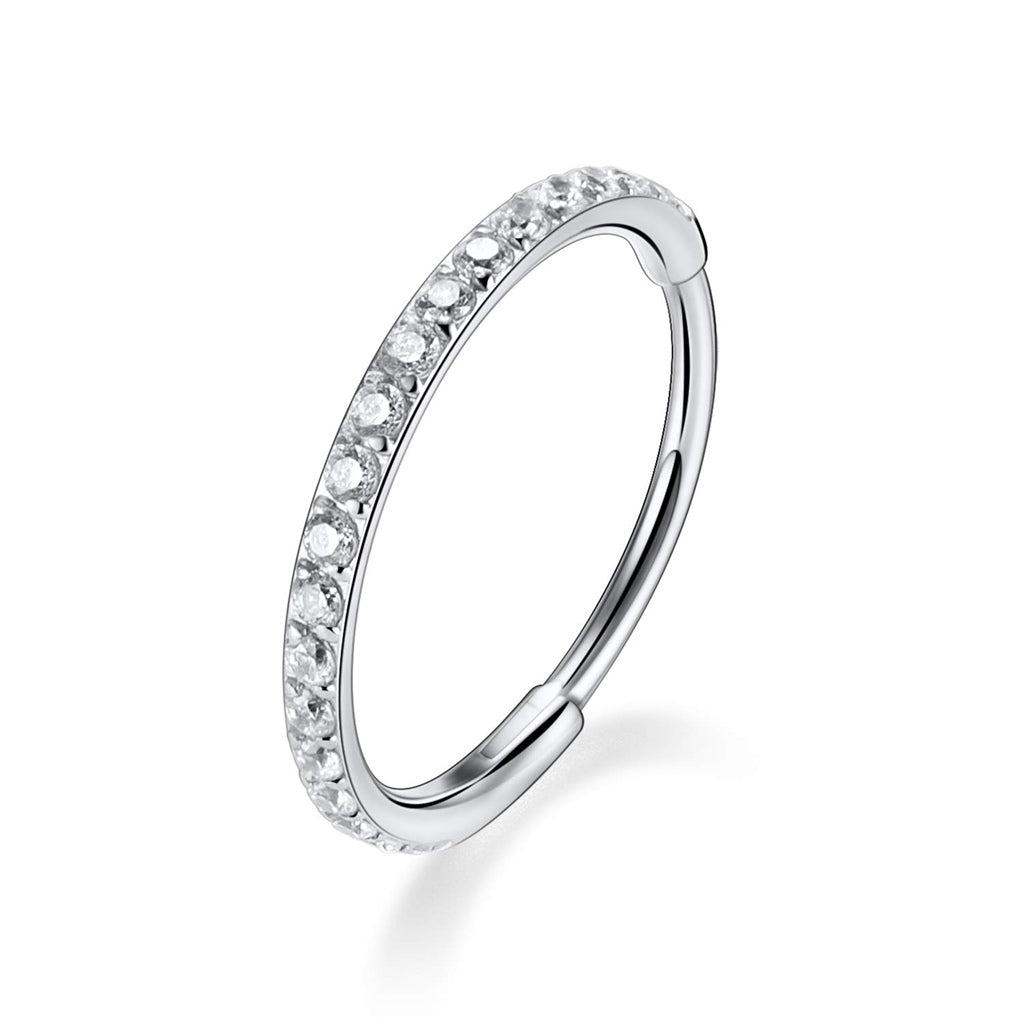 CZ Paved Hinged Segment Nose Hoop Ring - Silver-Nose Rings-1-Glitters