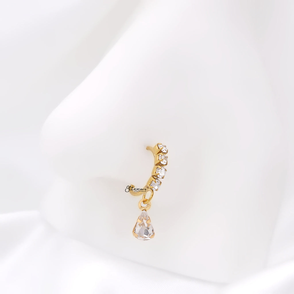 CZ Hoop Nose Ring with Dangle Teardrop CZ - Gold-Nose Studs-2-Glitters