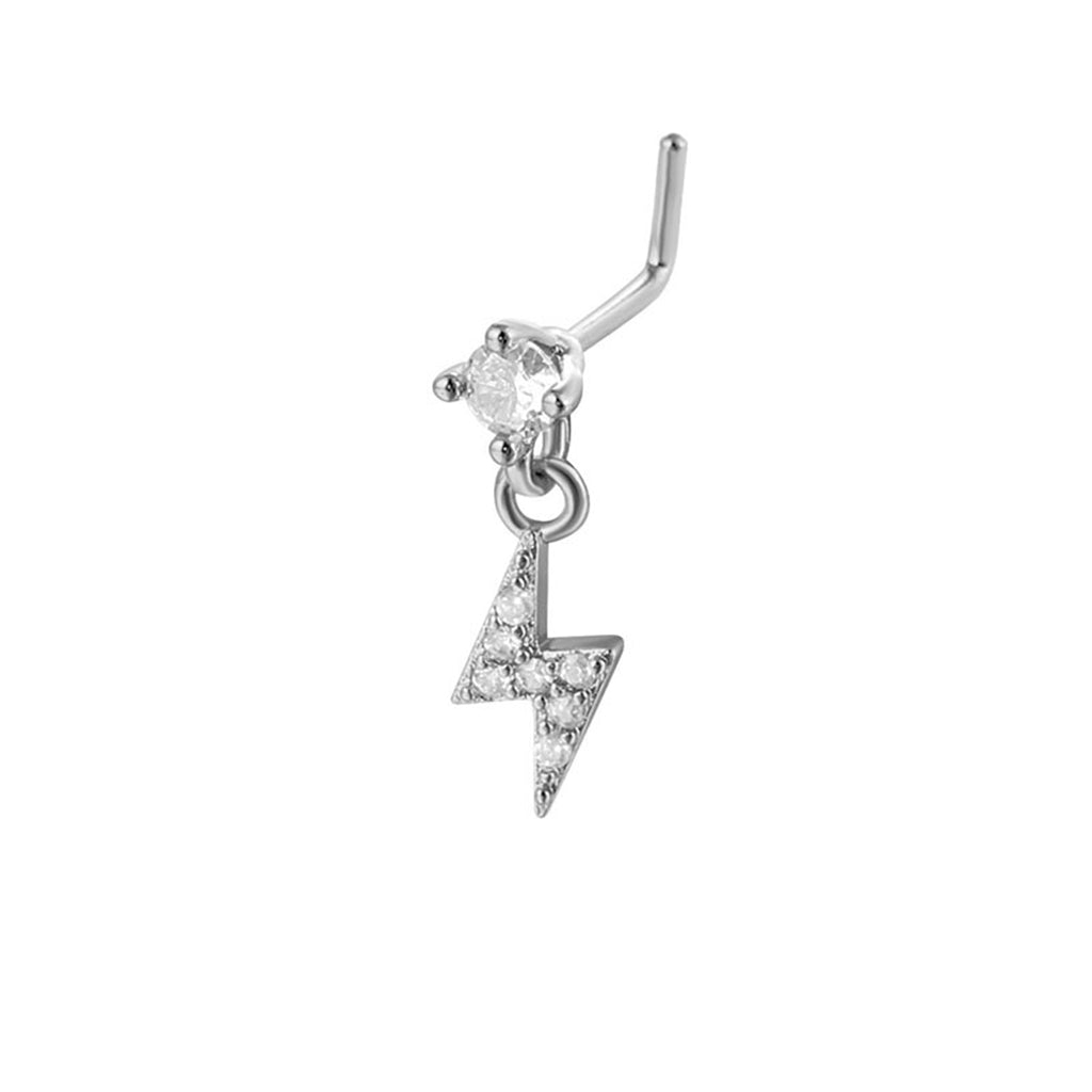 CZ Nose Stud with Dangling CZ Lightning Charm-Nose Studs-1-Glitters