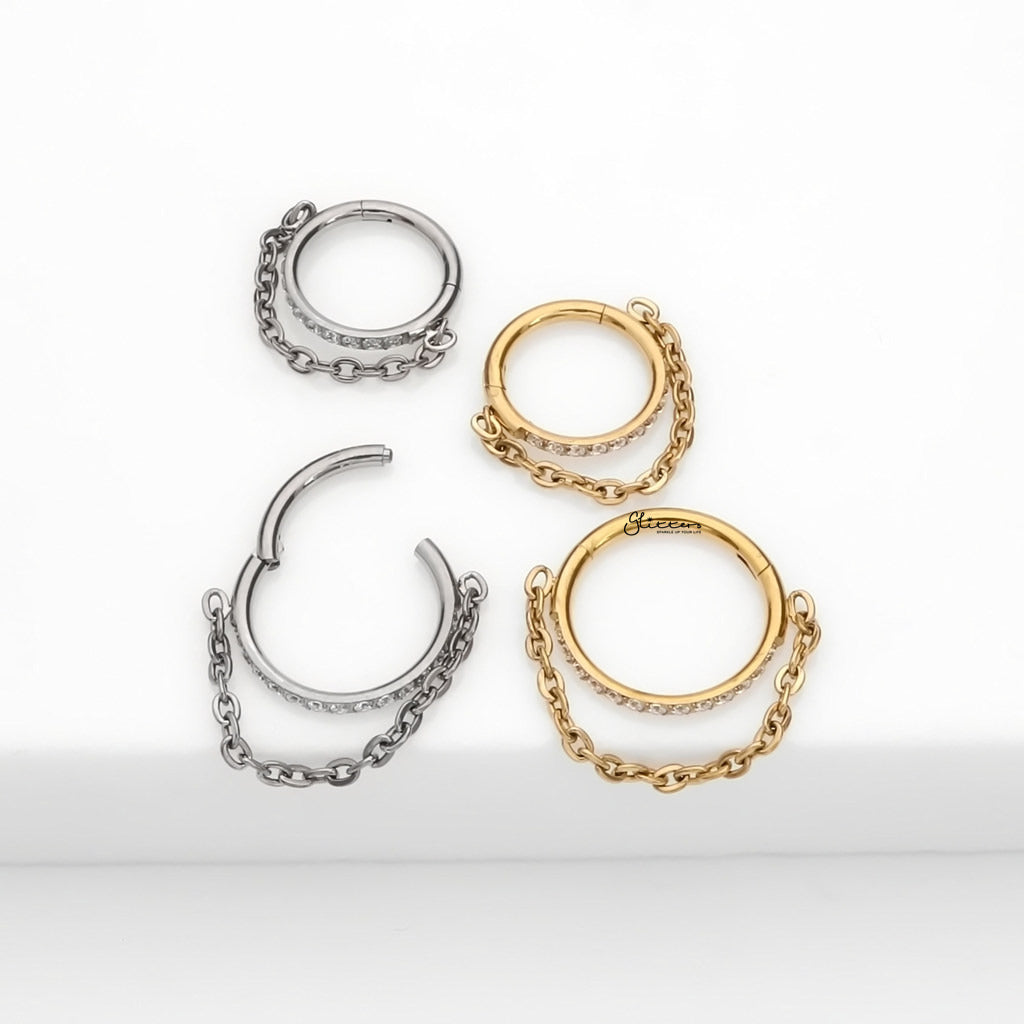 Titanium Outward Facing Pave CZ Hoop with Chain Link - Gold