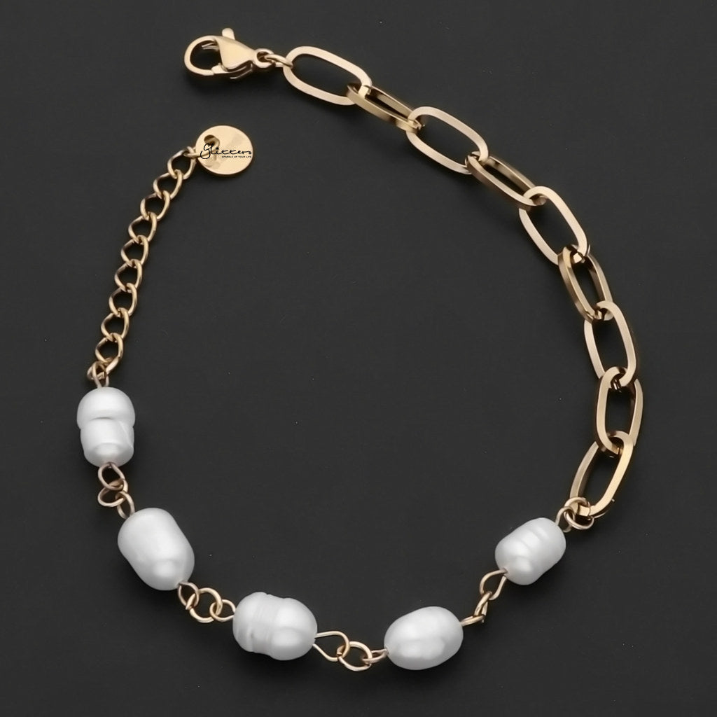 Stainless Steel Freshwater Pearls Bracelet - Gold-Stainless Steel Bracelets-2-Glitters