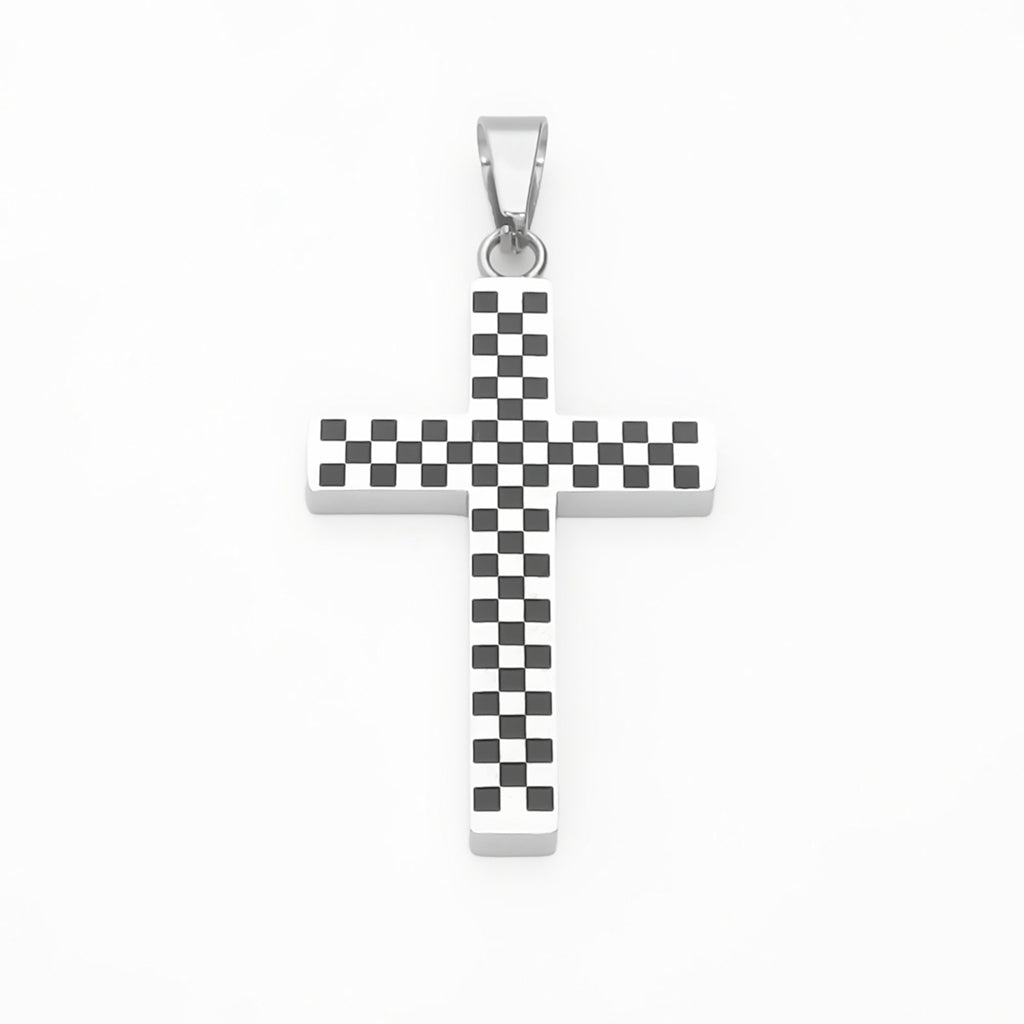 Stainless Steel Black & White Checkered Cross Pendant-Pendants-1-Glitters