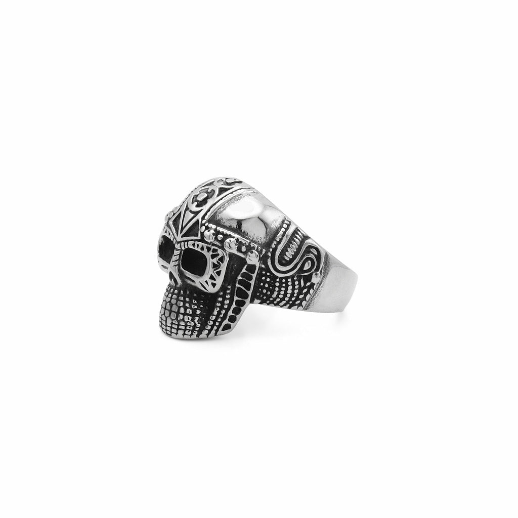 Stainless Steel Skull Ring with Viking Armor Pattern