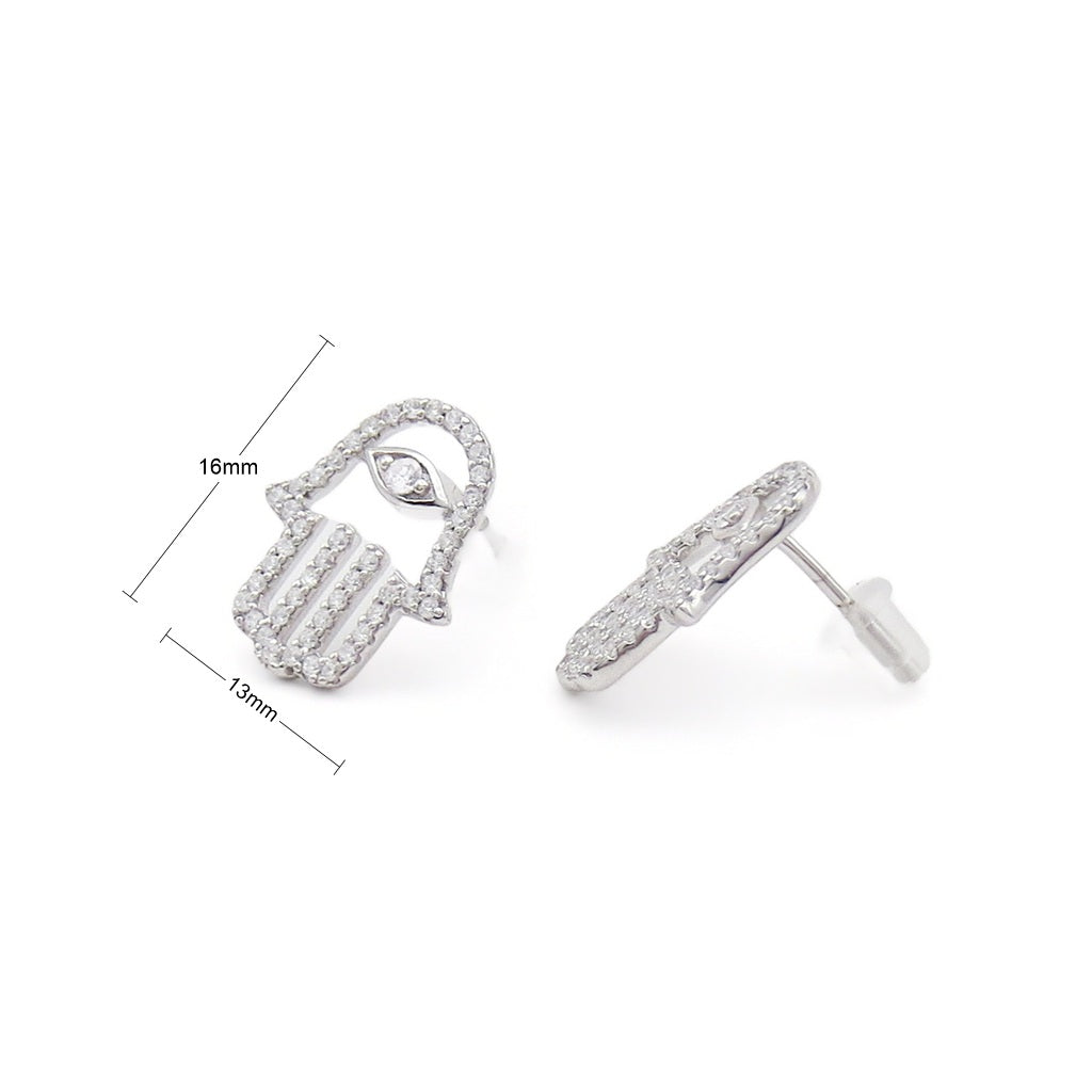 Sterling Silver Hamsa Hand CZ Stud Earrings