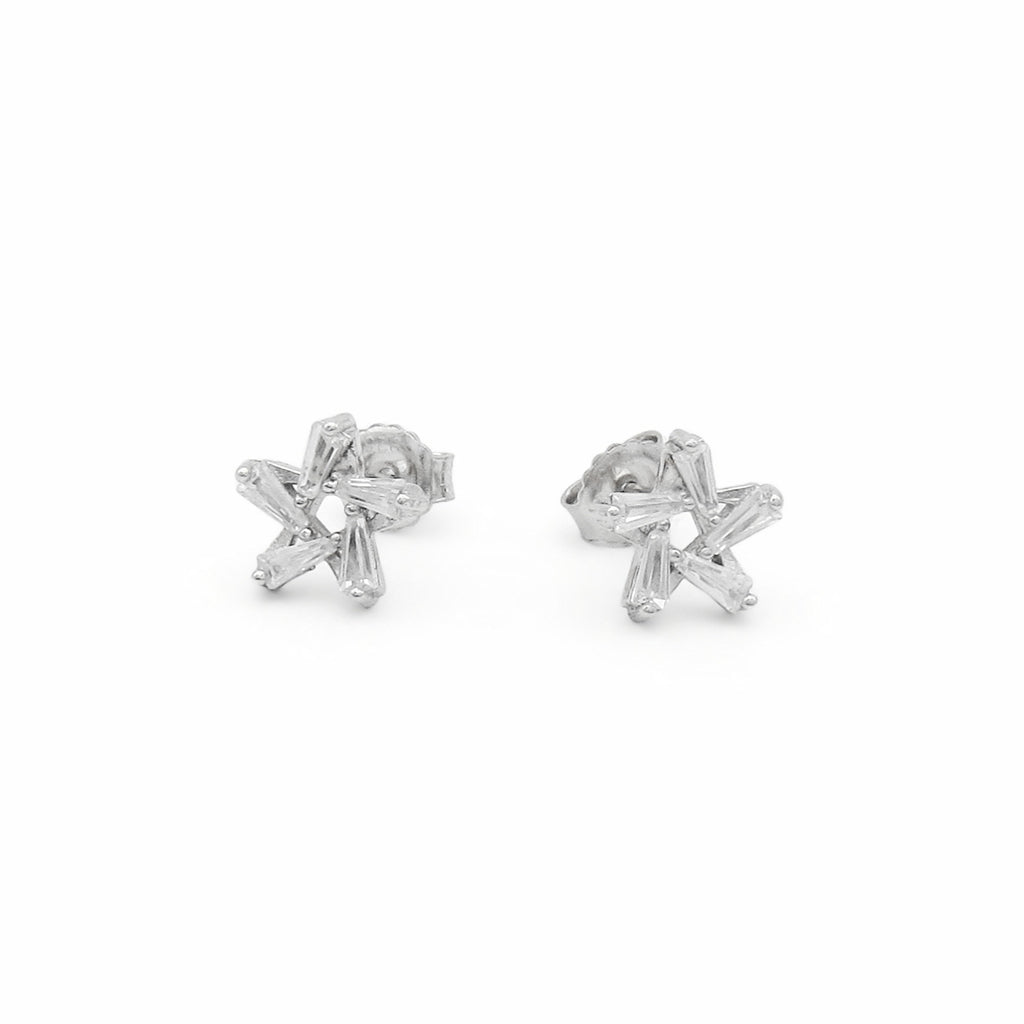 Sterling Silver Baguette CZ Starburst Stud Earrings