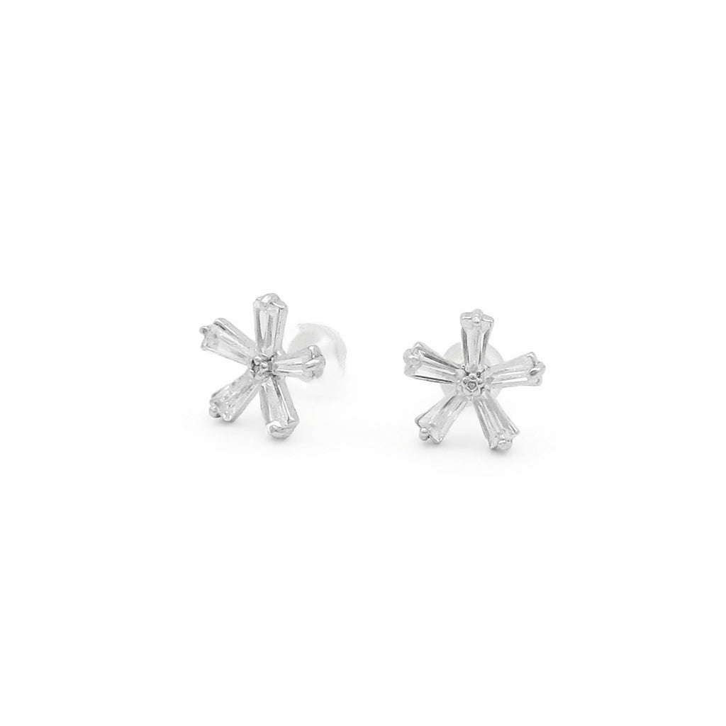Sterling Silver Baguette CZ Flower Stud Earrings