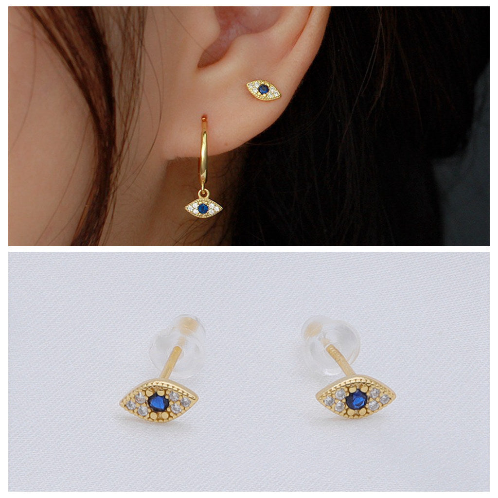 Sterling Silver Evil Eye Stud Earrings - Gold-Stud Earrings-2-Glitters