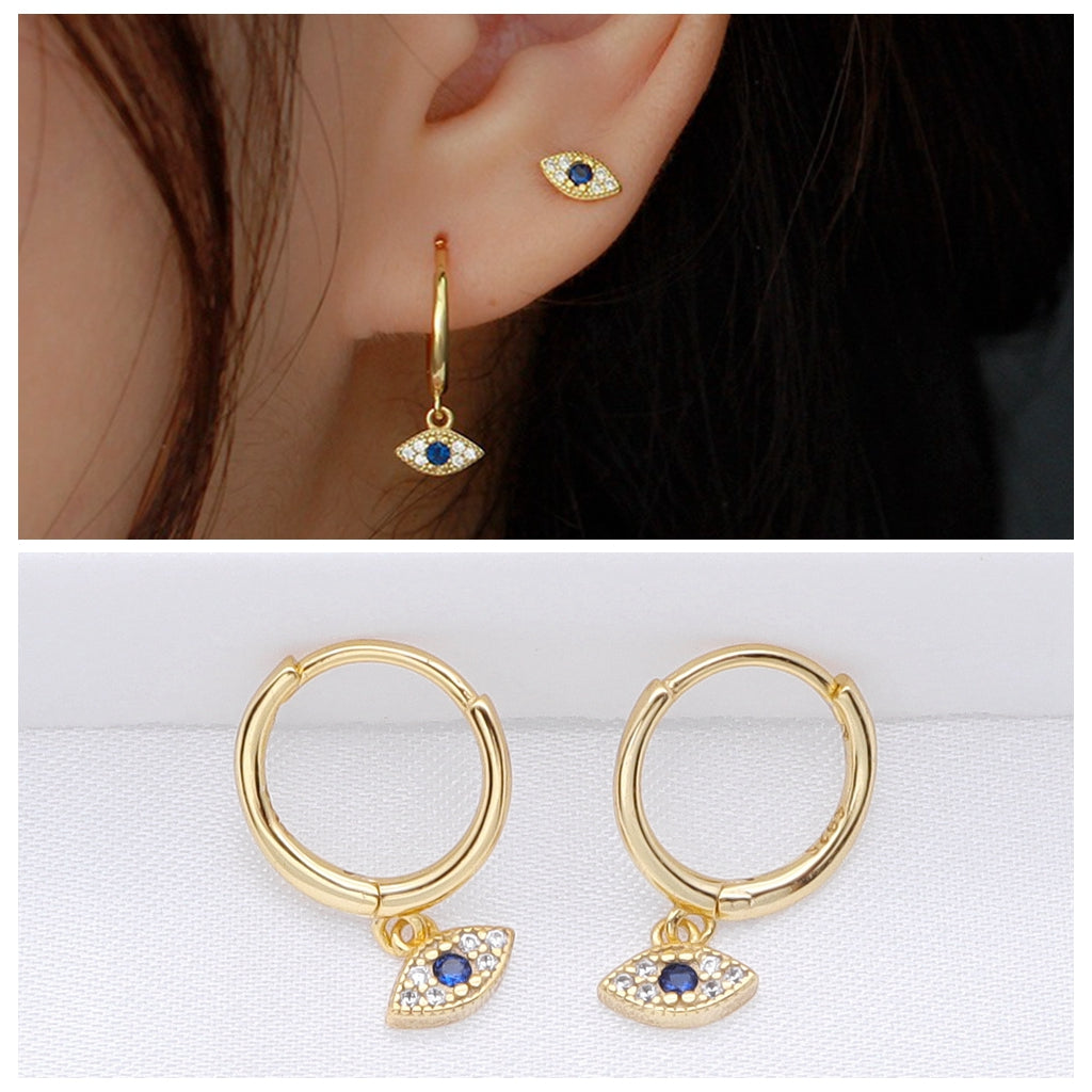 Sterling Silver Evil Eye Charm Huggie Hoop Earrings - Gold-Hoop Earrings-3-Glitters