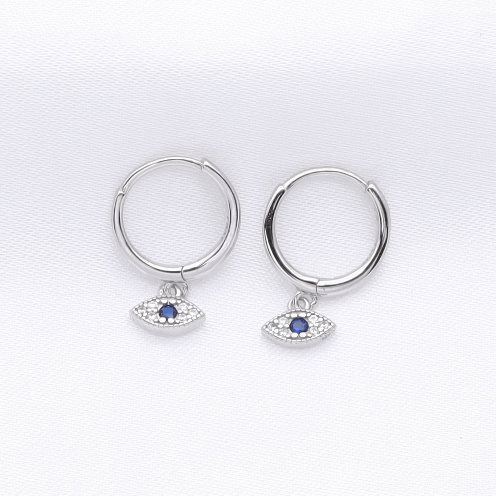 Sterling Silver Evil Eye Charm Huggie Hoop Earrings - Silver-Hoop Earrings-1-Glitters