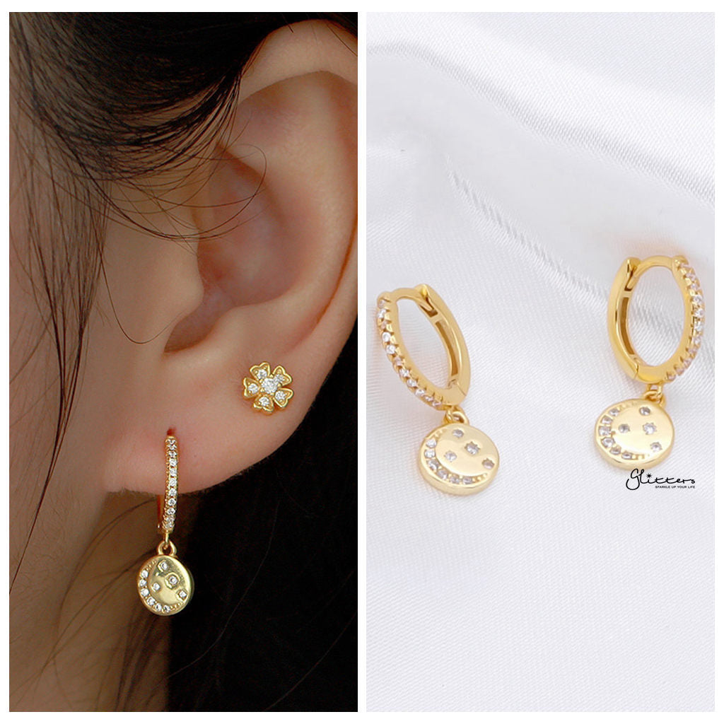 Sterling Silver Huggie Hoop Earrings with Circle Charm - Gold-Hoop Earrings-2-Glitters