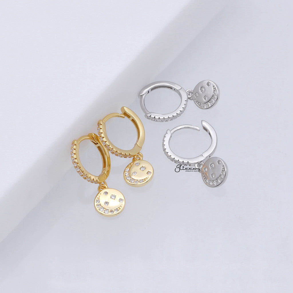 Sterling Silver Huggie Hoop Earrings with Circle Charm - Silver-Hoop Earrings-3-Glitters