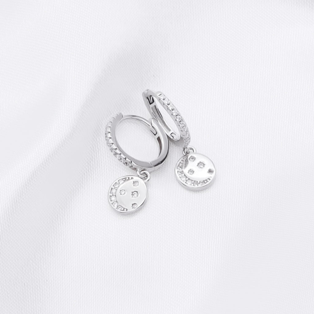 Sterling Silver Huggie Hoop Earrings with Circle Charm - Silver-Hoop Earrings-1-Glitters