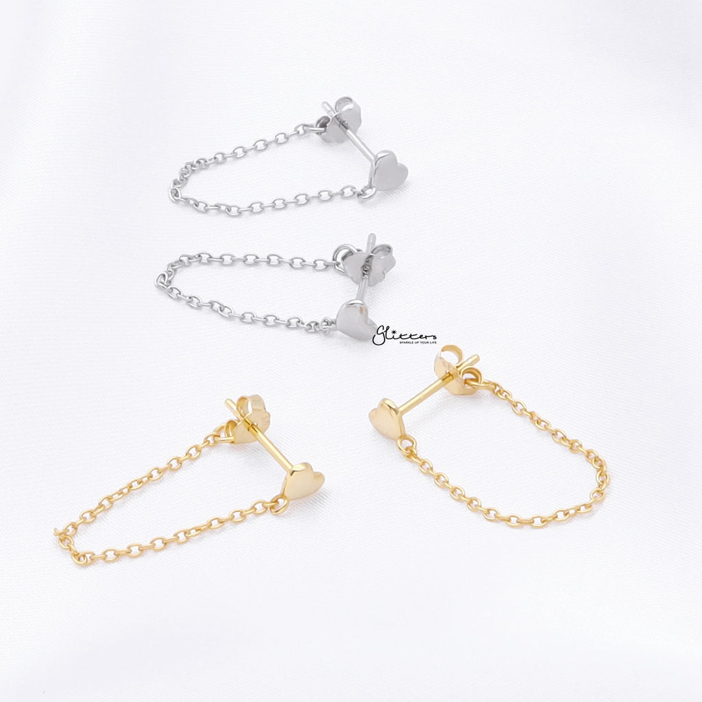 Sterling Silver Heart with Chain Stud Earrings - Silver-Stud Earrings-4-Glitters