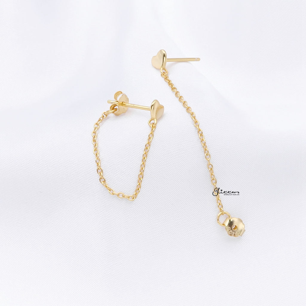 Sterling Silver Heart with Chain Stud Earrings - Gold-Stud Earrings-3-Glitters