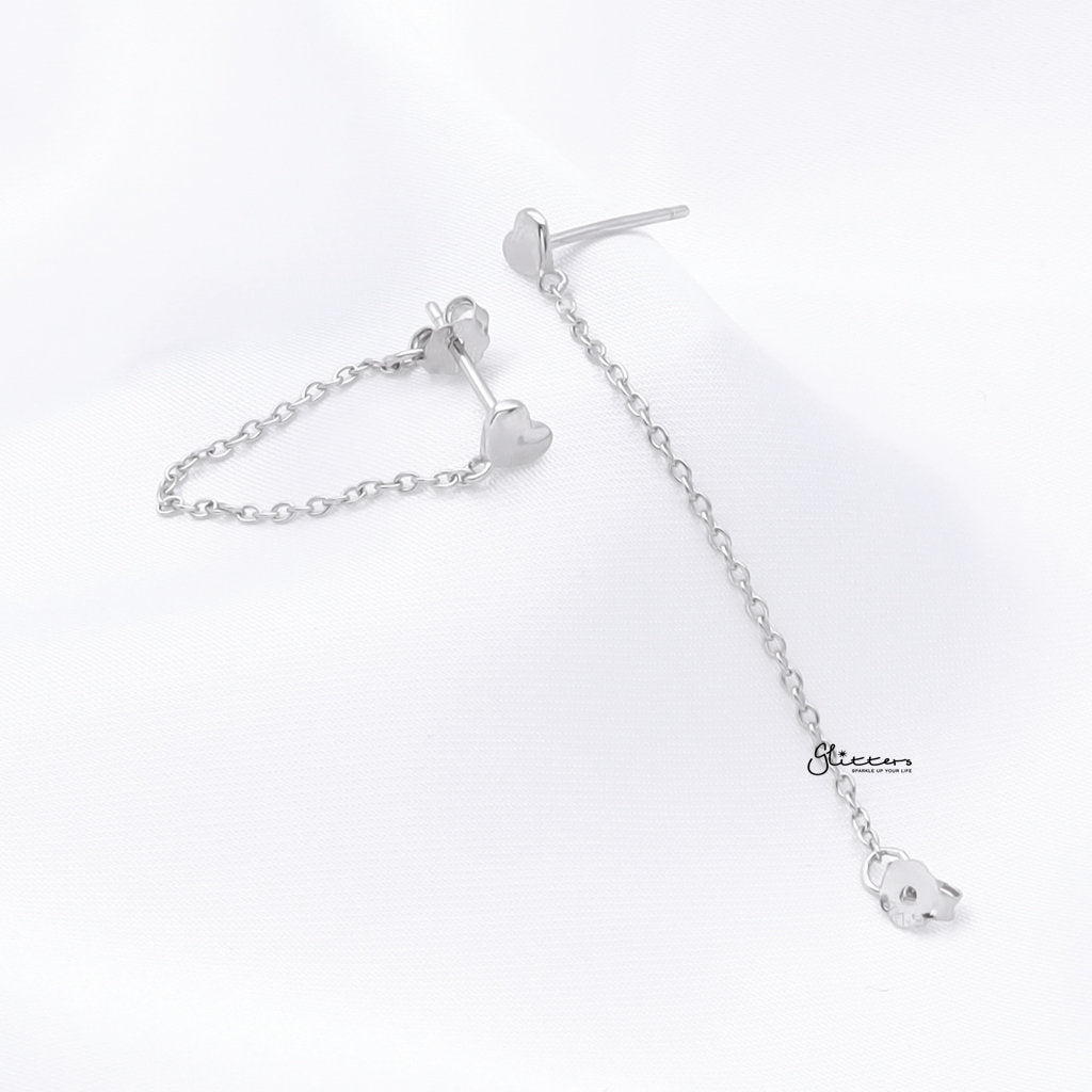 Sterling Silver Heart with Chain Stud Earrings - Silver-Stud Earrings-3-Glitters