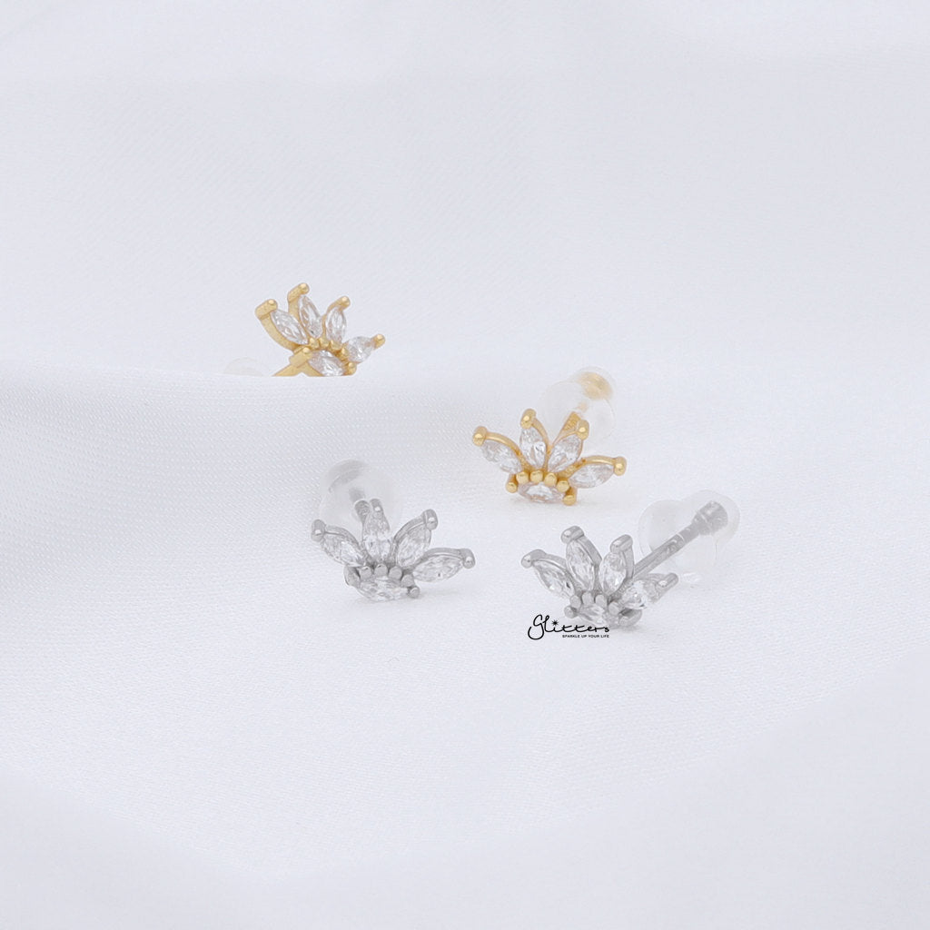Marquise CZ Flower Stud Earrings - Silver-Stud Earrings-4-Glitters
