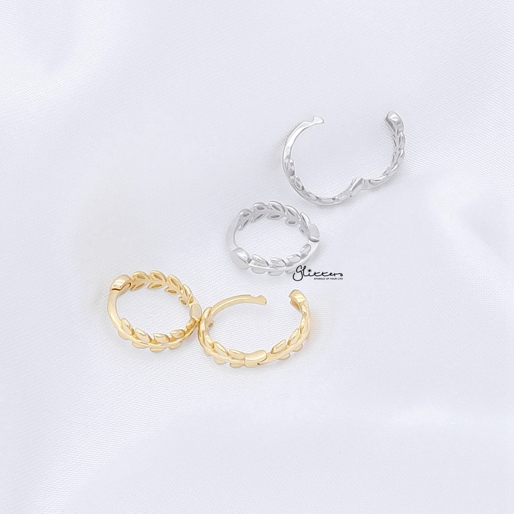 Sterling Silver Leaves Huggie Hoop Earrings - Gold-Stud Earrings-5-Glitters