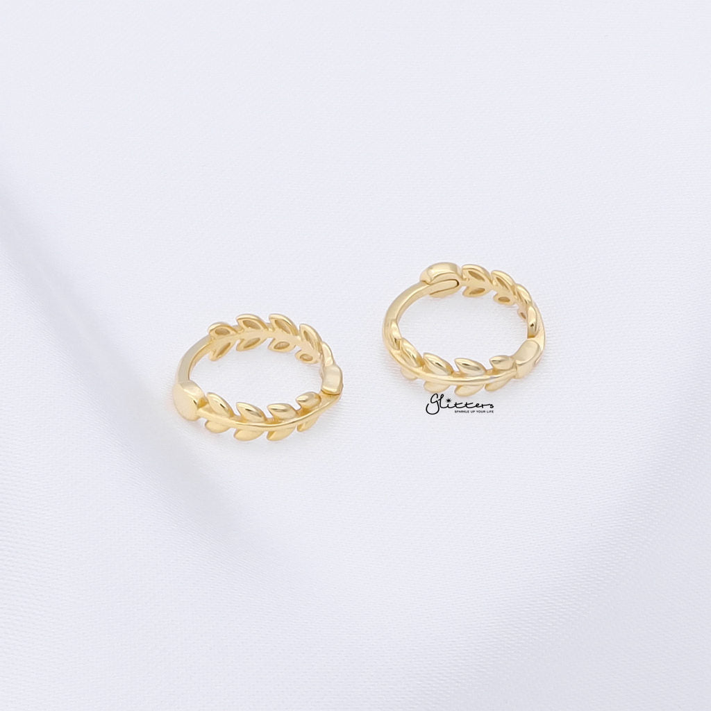 Sterling Silver Leaves Huggie Hoop Earrings - Gold-Stud Earrings-4-Glitters