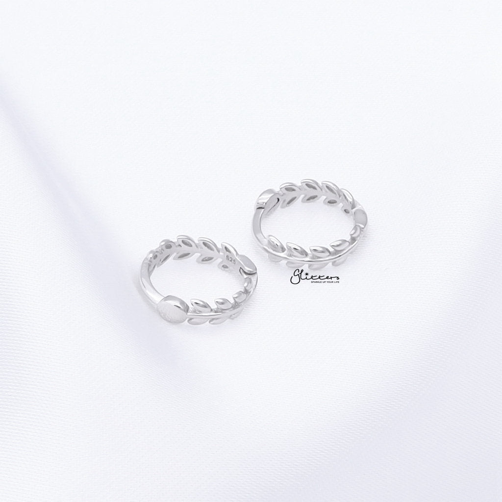 Sterling Silver Leaves Huggie Hoop Earrings - Silver-Stud Earrings-4-Glitters
