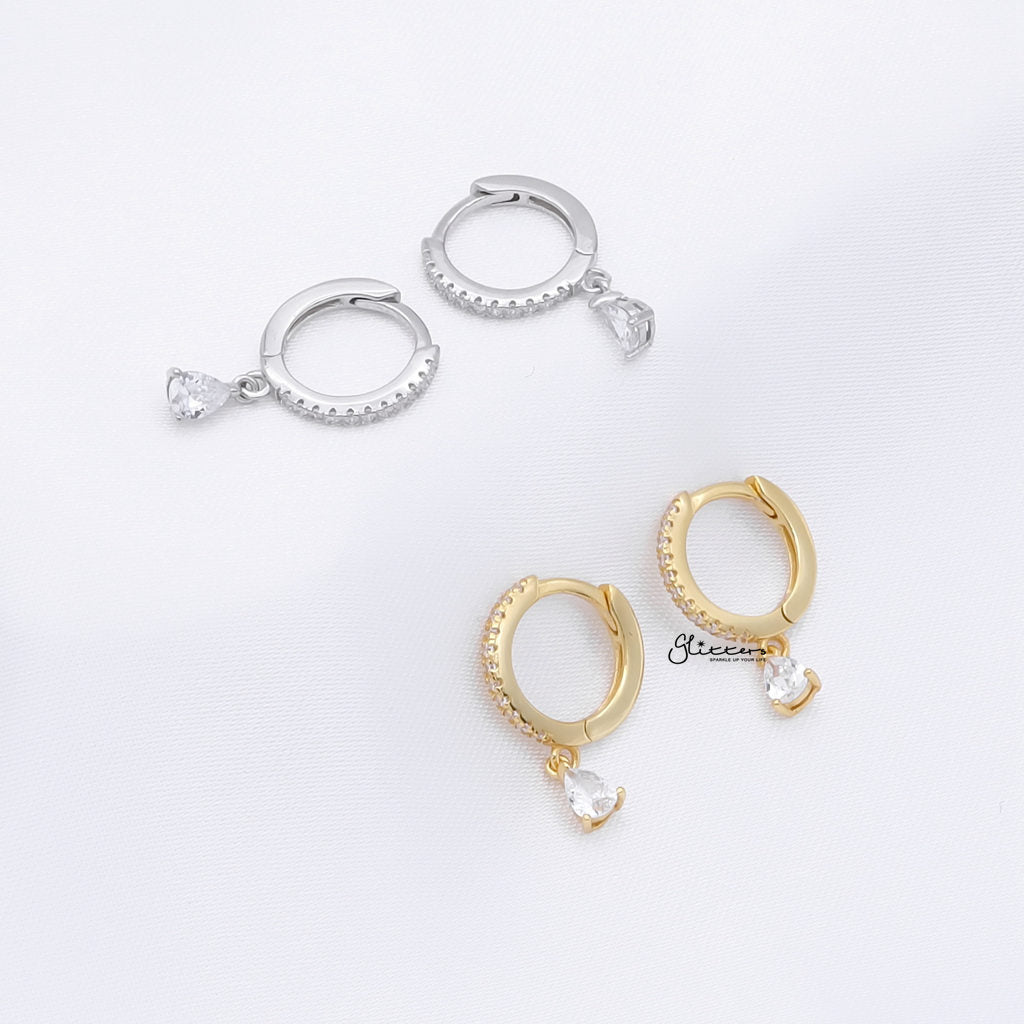 Teardrop CZ Charm Hoop Earrings - Silver-Hoop Earrings-3-Glitters