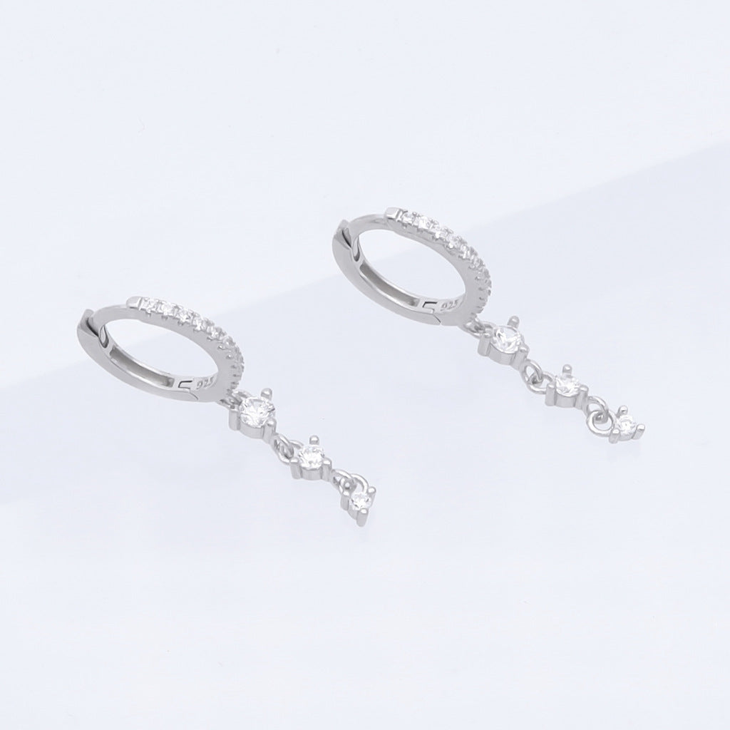 Triple Round CZ Charm Hoop Earrings - Silver-Hoop Earrings-1-Glitters