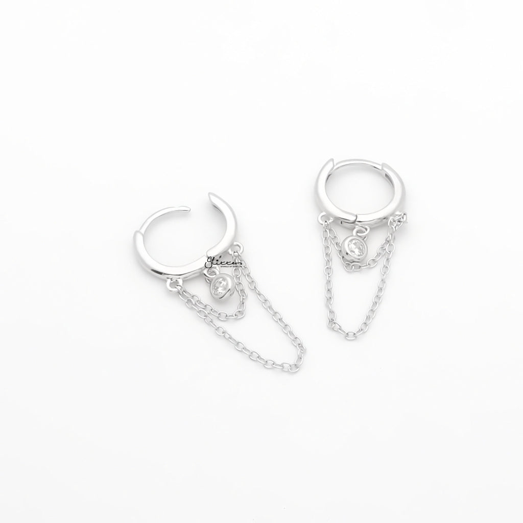 Round CZ Charm with Chains Huggie Hoop Earrings - Silver-Hoop Earrings-3-Glitters