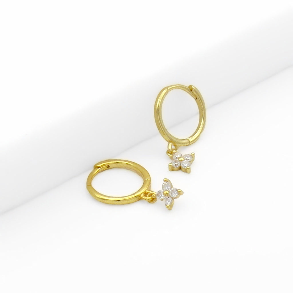 Sterling Silver Huggie Hoop Earrings with CZ Floral Dangle - Gold