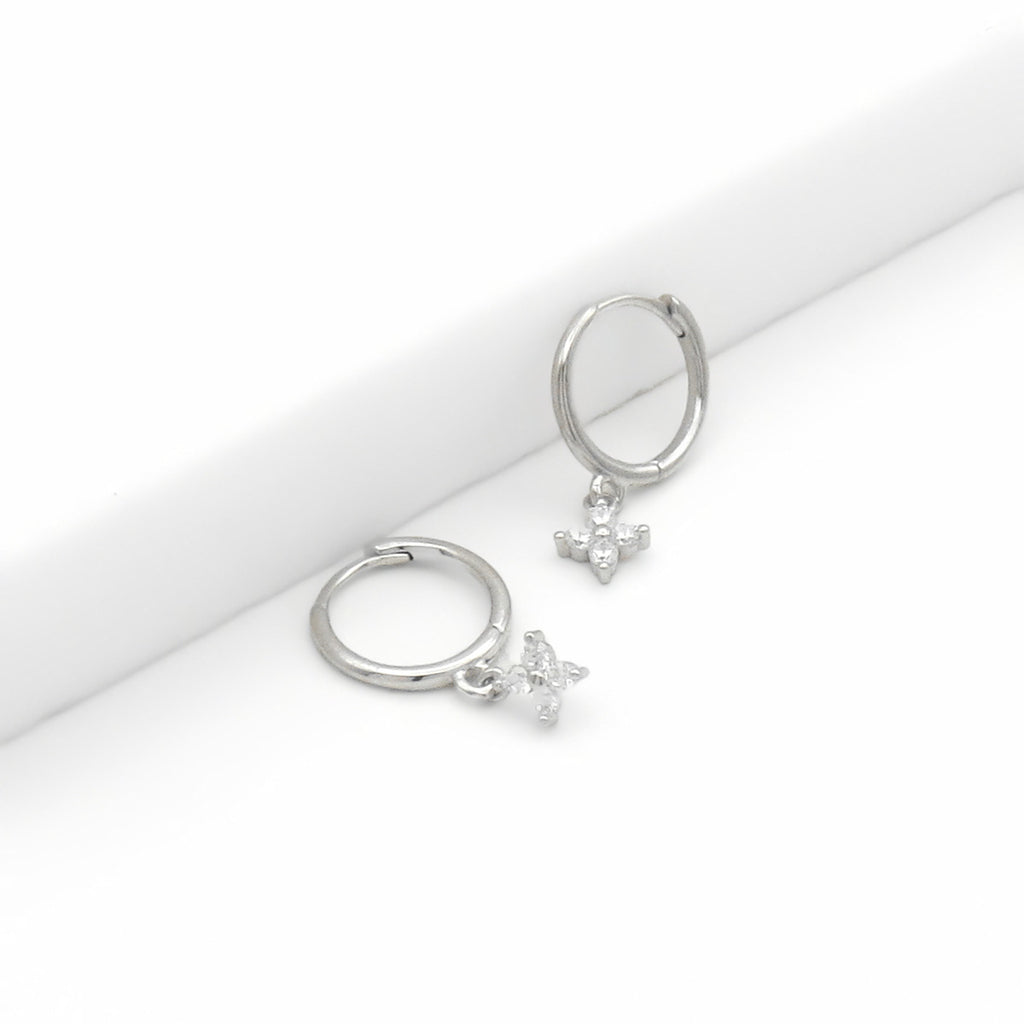 Sterling Silver Huggie Hoop Earrings with CZ Floral Dangle - Silver