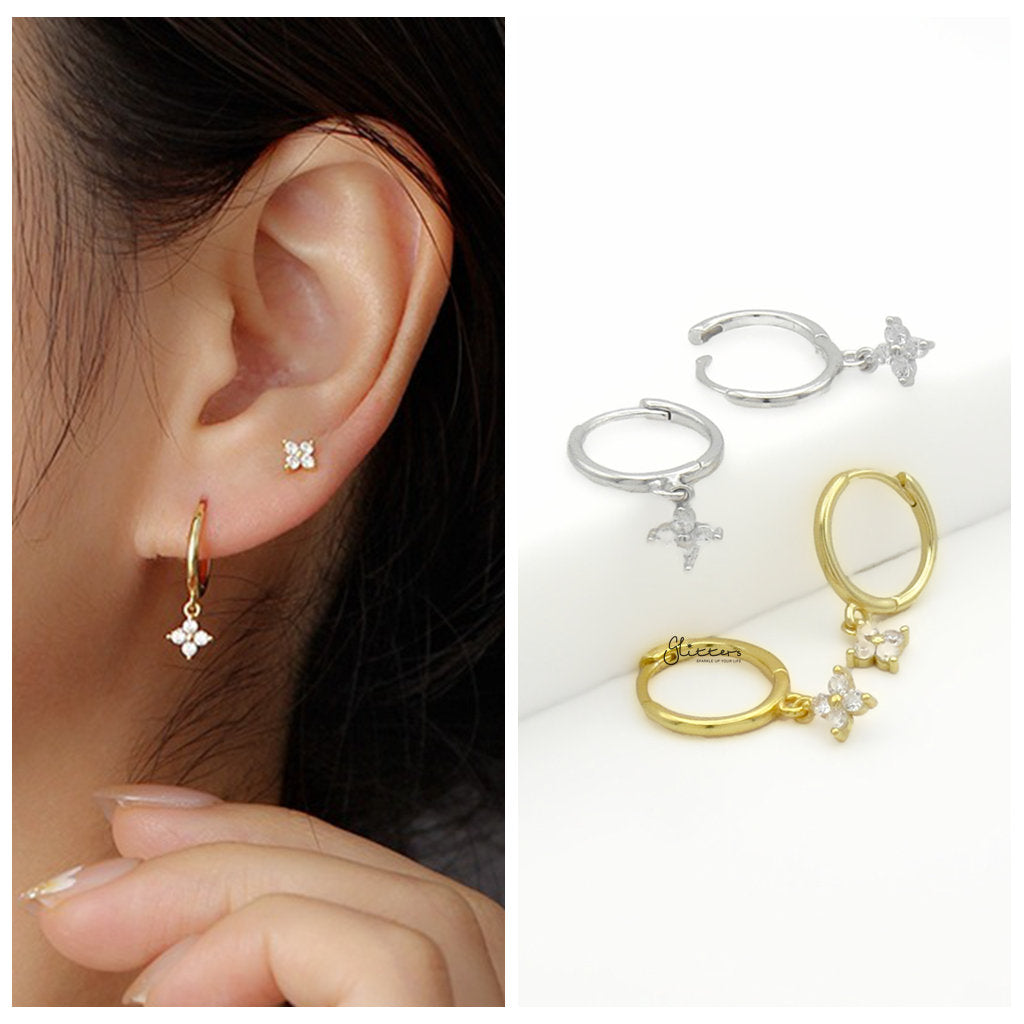 Sterling Silver Huggie Hoop Earrings with CZ Floral Dangle - Gold