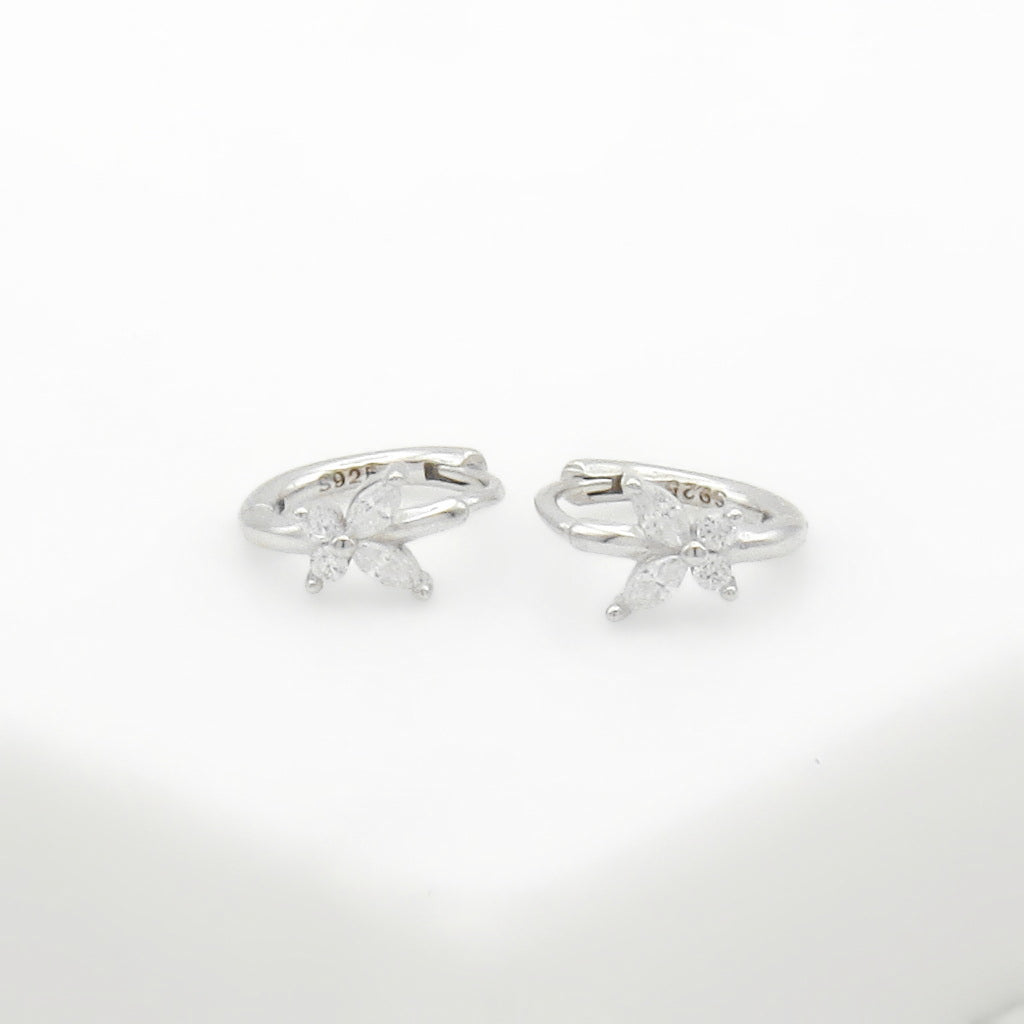 CZ Butterfly Sterling Silver Huggie Hoop Earrings - Silver-Hoop Earrings-2-Glitters