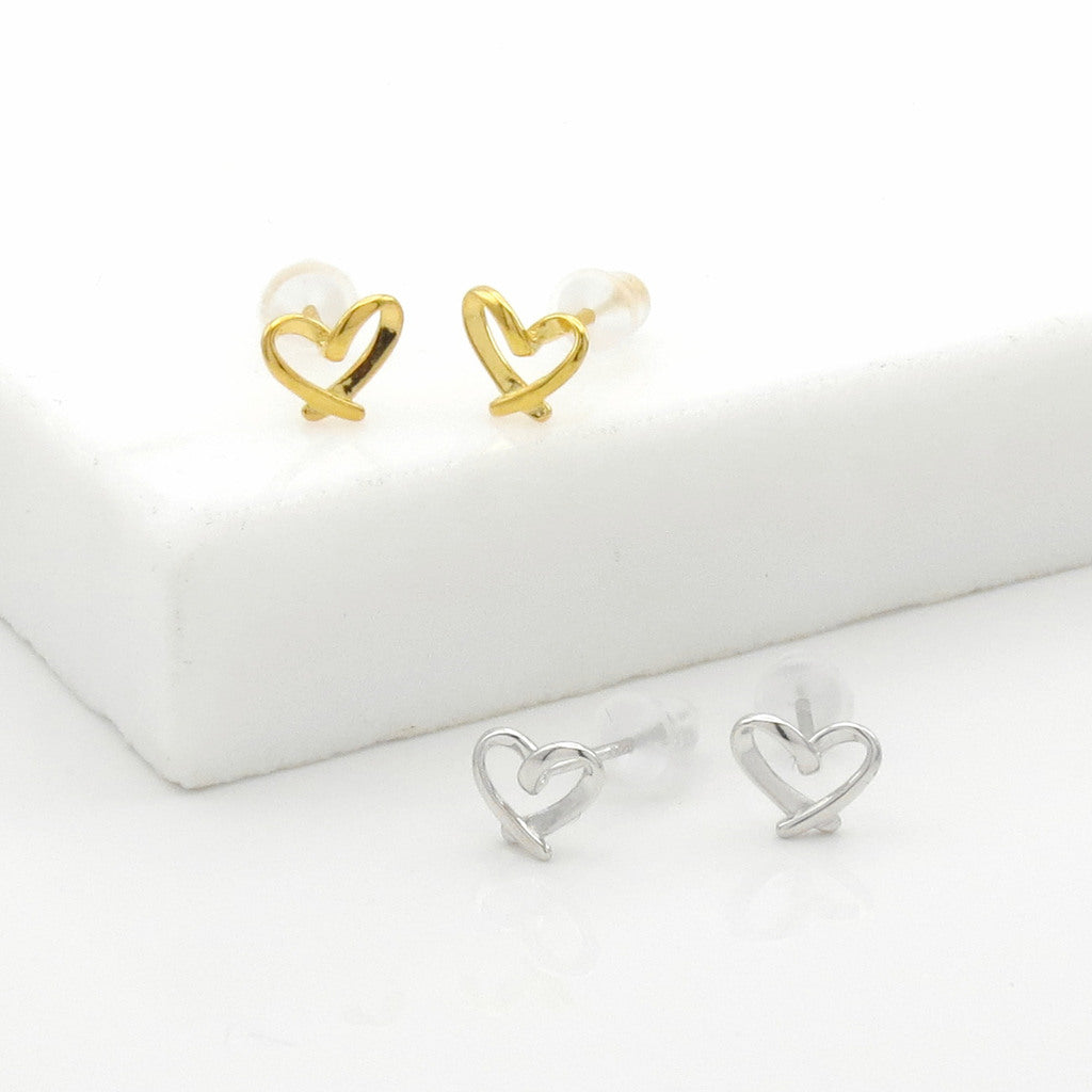 Sterling Silver Heart Shape Stud Earrings - Gold-Stud Earrings-2-Glitters