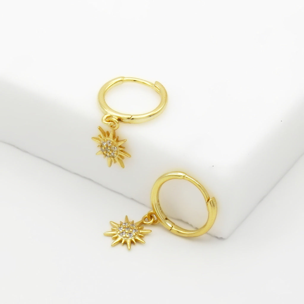 Sterling Silver CZ Sunburst Dangle Hoop Earrings - Gold-Hoop Earrings-3-Glitters