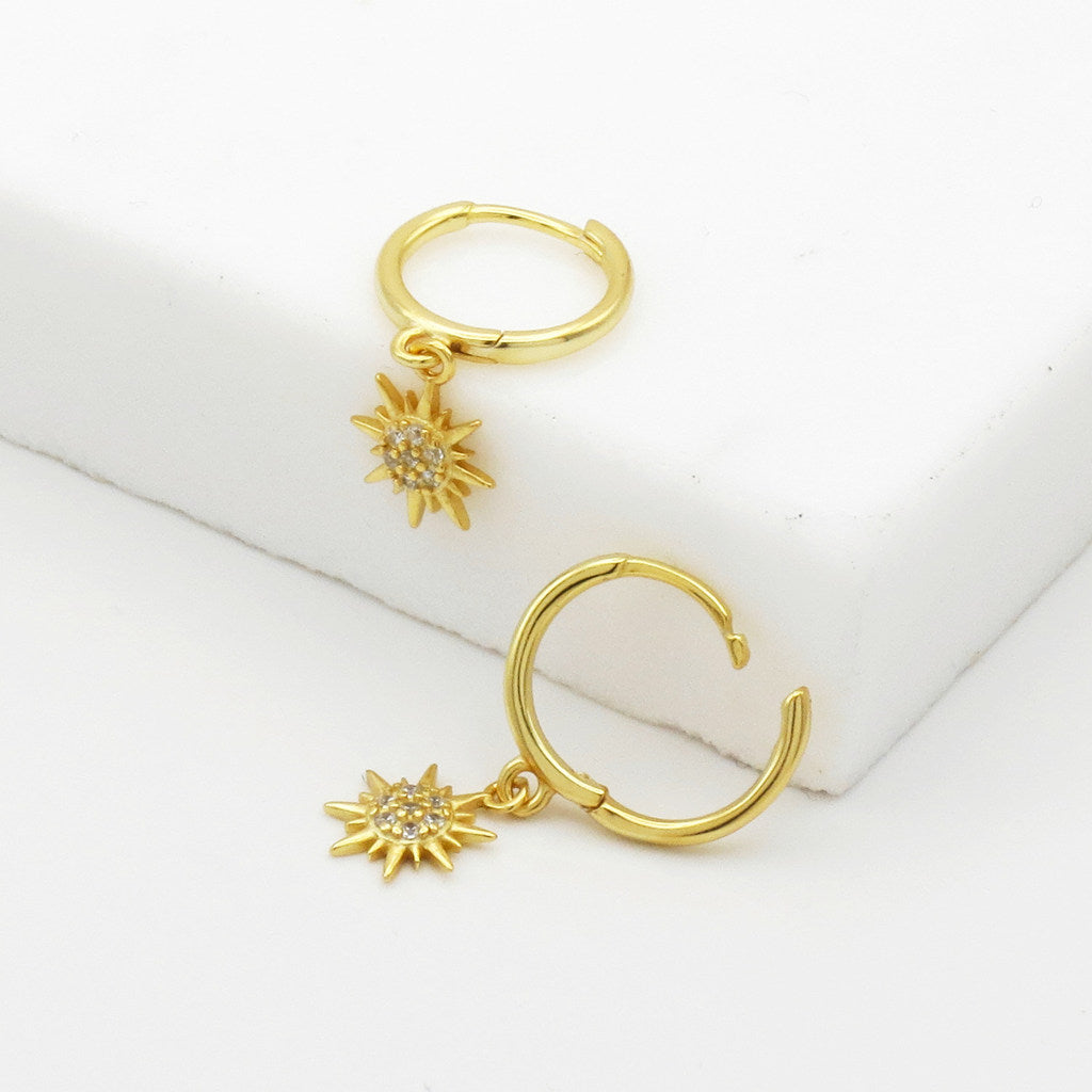 Sterling Silver CZ Sunburst Dangle Hoop Earrings - Gold-Hoop Earrings-4-Glitters