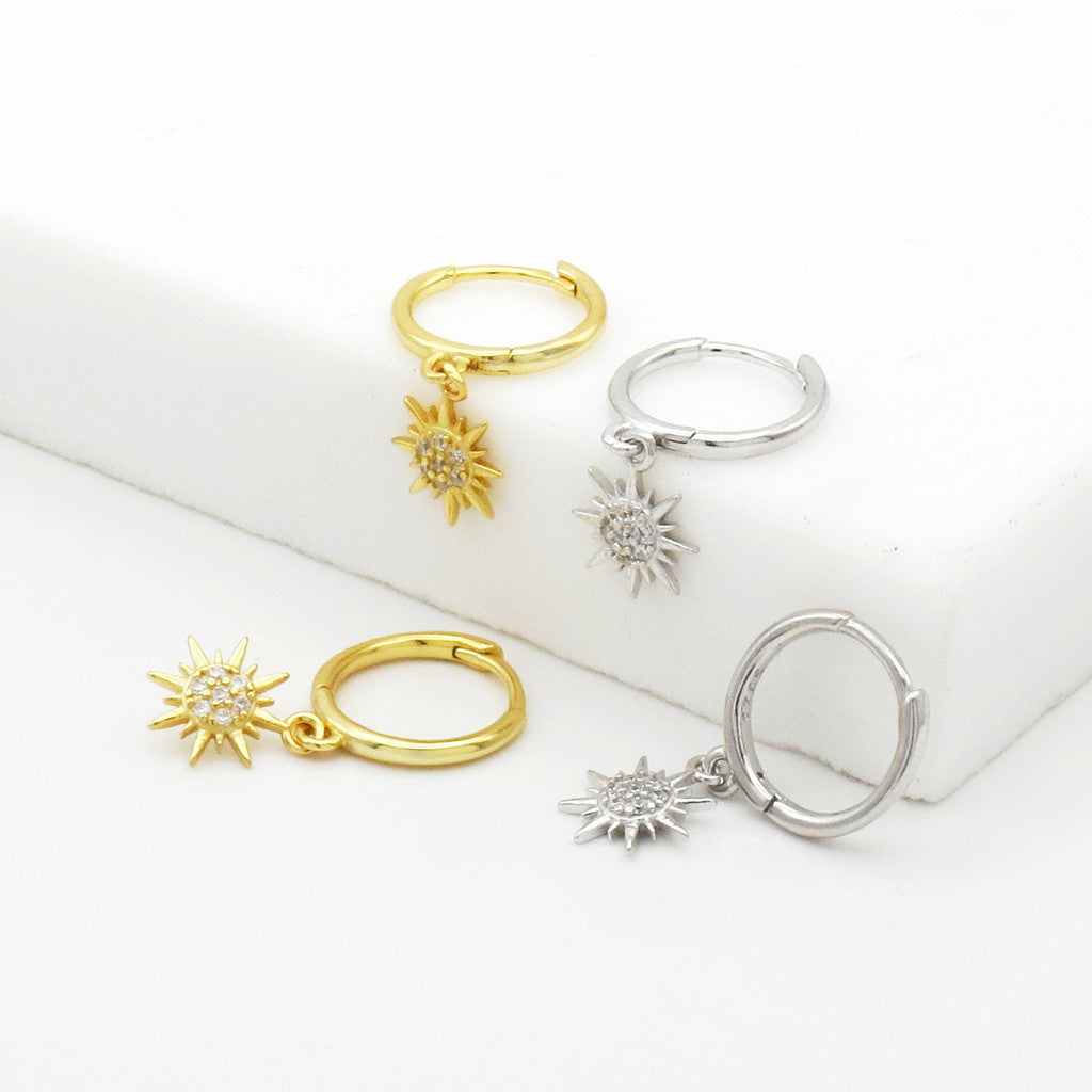 Sterling Silver CZ Sunburst Dangle Hoop Earrings - Gold-Hoop Earrings-5-Glitters