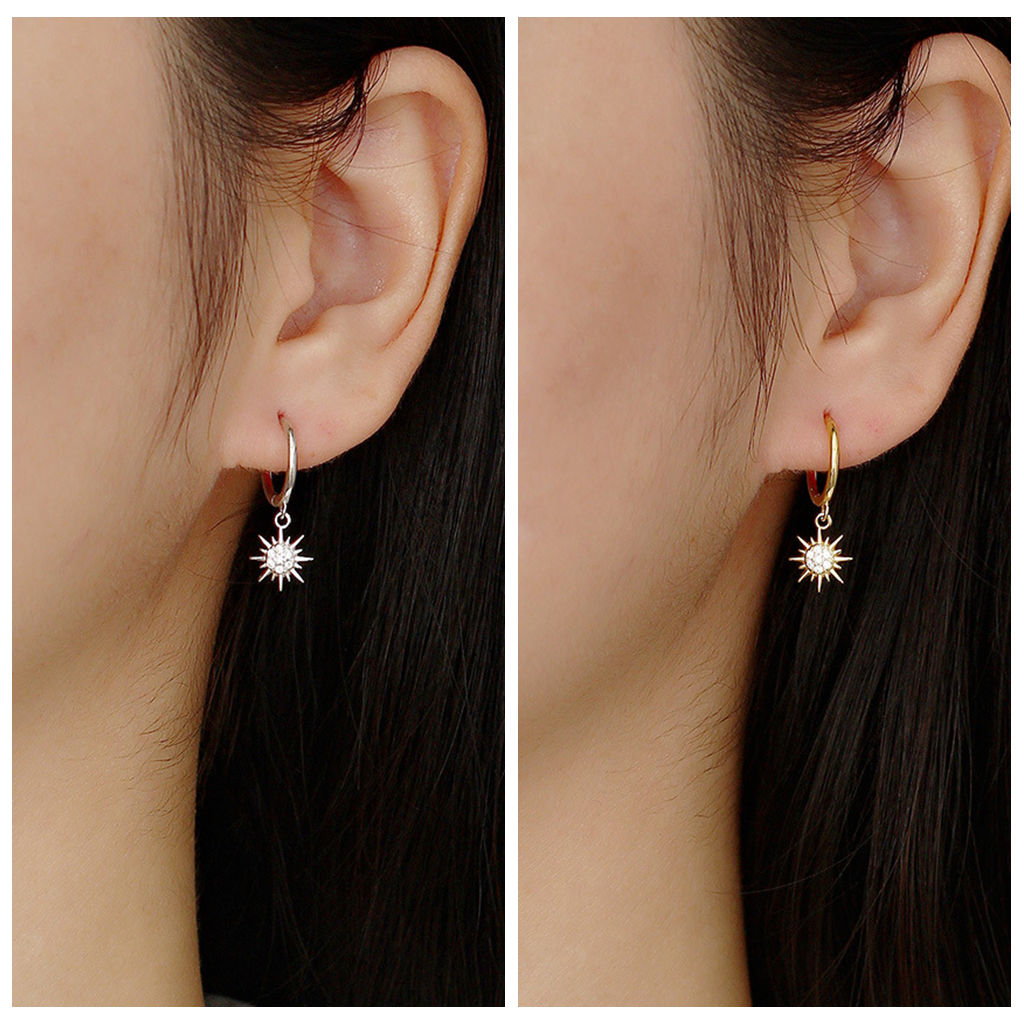 Sterling Silver CZ Sunburst Dangle Hoop Earrings - Gold-Hoop Earrings-2-Glitters