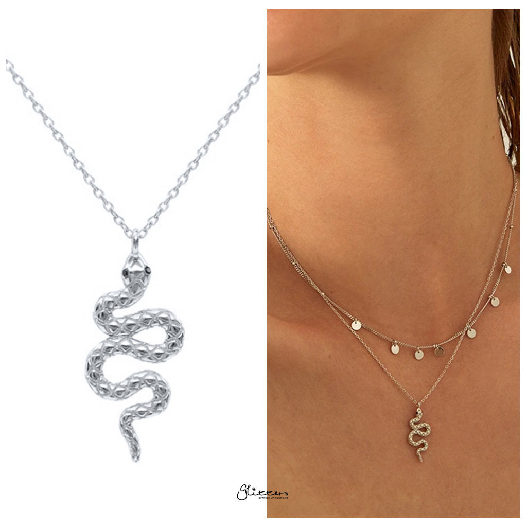 Sterling Silver Snake Charm Necklace - Silver-Sterling Silver Necklaces-2-Glitters