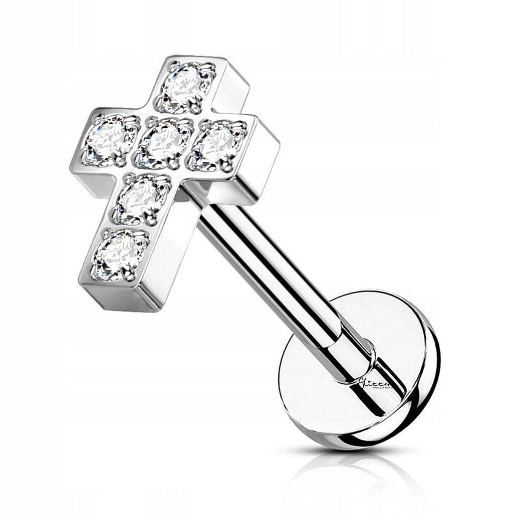 CZ Cross Top Internally Threaded Flat Back Stud-Tragus | Cartilage | Daith | Conch-1-Glitters