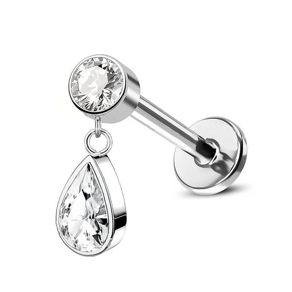 Teardrop CZ Top Internally Threaded Flat Back Stud - Clear-Tragus | Cartilage | Daith | Conch-3-Glitters