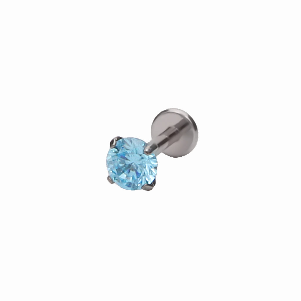 Round CZ Top Internally Threaded Titanium Flat Back Stud Earrings - Aqua-Tragus | Cartilage | Daith | Conch-1-Glitters