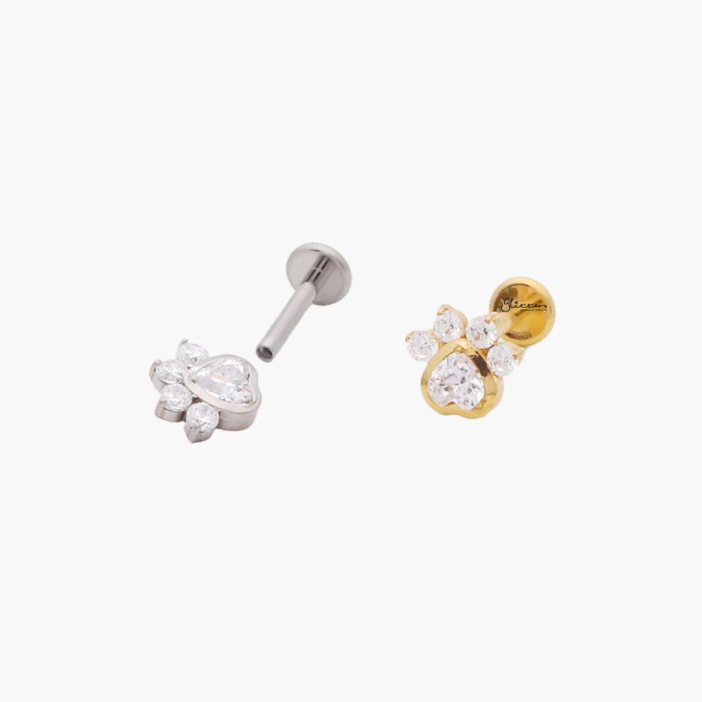 CZ Paw Top Internally Threaded Titanium Flat Back Stud Earrings-Tragus | Cartilage | Daith | Conch-3-Glitters