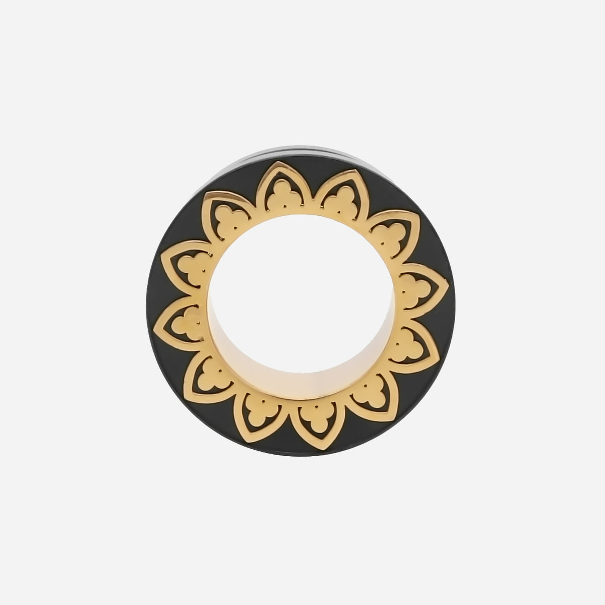 Black Screw Fit Tunnel Ear Plug with Gold Filigree Rim | Glitters NZ