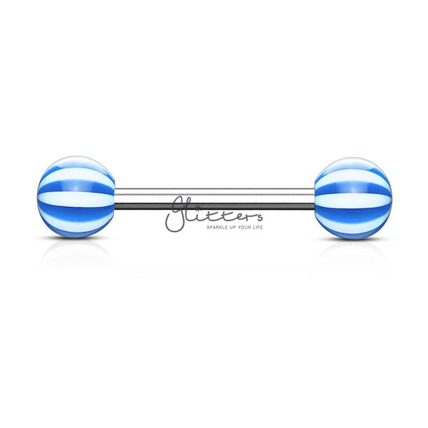 Blue Candy Stripe Acrylic Ball with Surgical Steel Tongue Bar-Body Piercing Jewellery, Tongue Bar-BC-1416-1B2-Glitters
